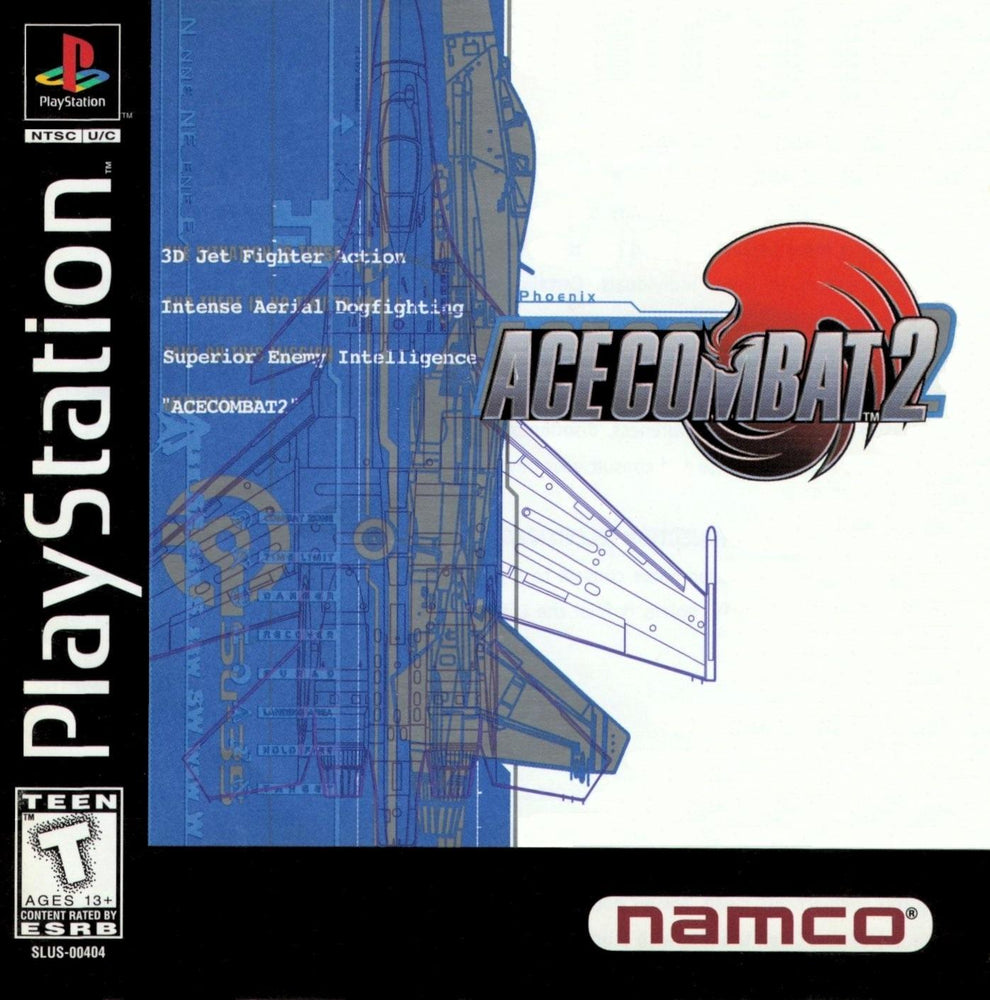 The PlayStation 1 game "Ace Combat 2" by Namco features cover art with a jet fighter's blueprint against a blue background, highlighted by bold text: "3D Jet Fighter Action," "Intense Aerial Dogfighting," and "Superior Enemy Intelligence," along with the game's logo and a "Teen" rating label.