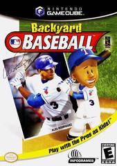 Cover of "Backyard Baseball" for Nintendo GameCube. Features a cartoon character wearing a red cap and uniform holding a bat, alongside an autographed image of Alex Rodriguez in a blue helmet. Includes logos for Nintendo GameCube and Infogrames. Text reads: "Play with the Pros as Kids in this kid-friendly sports game!