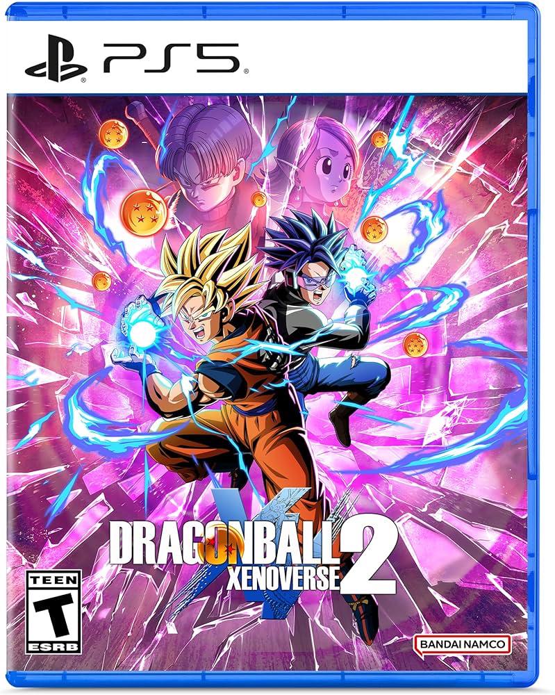 The cover of Dragonball Xenoverse 2 (PS5), an RPG/fighting game by Bandai Namco, shows two characters in dynamic poses with glowing auras and Dragon Balls amid crackling energy. The background has purple and pink hues. The ESRB rating is Teen, and the PS5 and Bandai Namco logos are displayed.