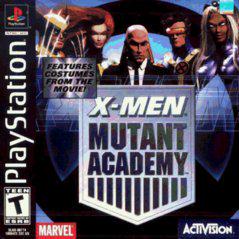 The PlayStation game "X-Men: Mutant Academy" cover features five iconic X-Men, a central metallic logo, and the tagline "Features Costumes from the Movie!" The Marvel, PlayStation, and Activision logos are prominently displayed. Rated "Teen.