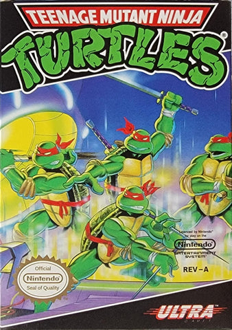 The NES game "Teenage Mutant Ninja Turtles" displays the four masked turtles—red, orange, blue, and purple—wielding katana, sai, bo staff, and nunchaku on a rooftop at midnight. The cover also features the logo and the Nintendo seal with Everything Games at the base.