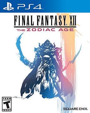 The "Final Fantasy XII: The Zodiac Age" cover on PS4 displays a stylized armored character with a sword, set against a blend of blue, pink, and orange. The top features the PS4 logo, while the bottom shows the ESRB Teen rating and Square Enix logo.