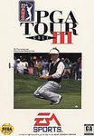 The cover art for PGA Tour Golf 3 on Sega Genesis, features a golfer in action, surrounded by spectators and trees. The game's title is set against a white background with prominent PGA Tour and EA Sports logos.