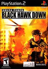 The cover of "Delta Force Black Hawk Down" for PlayStation 2, developed by Novalogic, highlights a gripping tactical first-person shooter experience. It features a soldier armed with a rifle while a helicopter hovers above an urban combat zone, capturing the essence of realistic warfare. The PlayStation logo and game ratings are clearly visible.