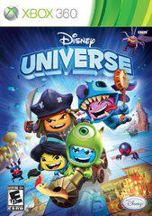 Cover of Disney Universe (Xbox 360) featuring iconic costumes like Stitch, Mike Wazowski, and Pirates of the Caribbean in a vibrant background. Includes adventure and fantasy elements from Disney worlds. Displays Xbox and Disney logos. Rated E for Everyone.