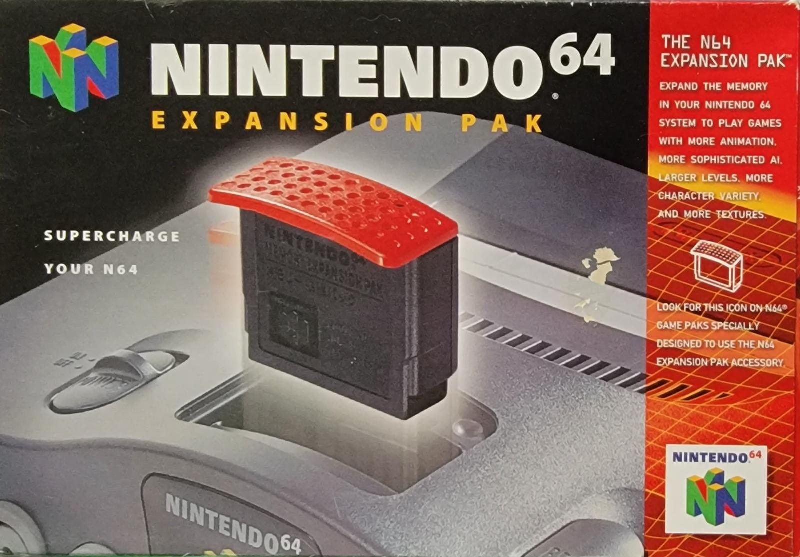 The Nintendo 64 Expansion Memory Pak box displays an image of the pak partially inserted into a console. The graphics emphasize the red memory component, with text promoting smoother gameplay and improved graphics, while benefits are detailed in red on the right side.