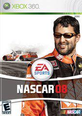 The Xbox 360 cover for "NASCAR 08" features vibrant racing action with a driver in orange and black gear, sunglasses, and a NASCAR NEXTEL Cup car on the left. The EA Sports logo and game title are prominent at the center. Rated "E" for Everyone by ESRB.