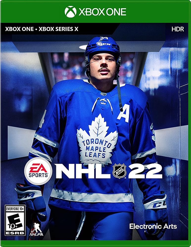 NHL 22 cover for Xbox One and Series X features a hockey player in a blue Toronto Maple Leafs jersey in a tunnel, highlighting the realistic Frostbite engine experience. EA Sports and NHL logos are visible, and it's rated E for Everyone by ESRB.