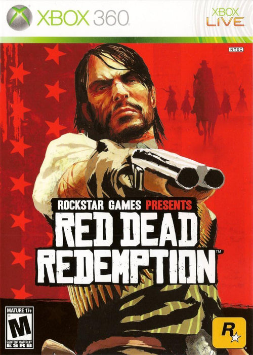 The cover of the Xbox 360 action-adventure game "Red Dead Redemption" showcases a rugged man with long hair and a beard, aiming a revolver at the viewer. Set against a red backdrop with multiple stars, his arm extends towards the bottom right corner. The American frontier-themed game is rated M for mature and developed by Rockstar.