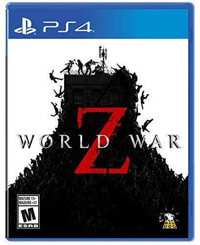 The PS4 cover for Mad Dog's "World War Z" prominently features a red "Z" amidst zombies scaling a building, symbolizing the apocalypse. Rated "M" by the ESRB, it has a blue border that highlights its PlayStation 4 compatibility, perfectly capturing this thrilling experience.