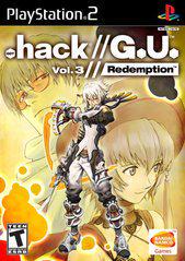 Cover of the PlayStation 2 game ".hack//GU Vol. 3 Redemption" showcasing Haseo in black and white armor with dual blades. The background is yellow-orange, featuring stylized images of additional characters from The World, along with the Teen ESRB rating and Bandai Namco logo.