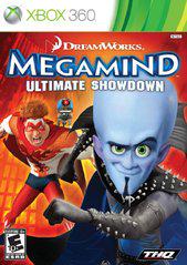 Cover of "Megamind Ultimate Showdown" for Xbox 360, featuring the blue-skinned Megamind with a large head and goatee. Behind him is a superhero in red and white. The game's ESRB rating "E 10+" is at the bottom left. Published by THQ and DreamWorks.