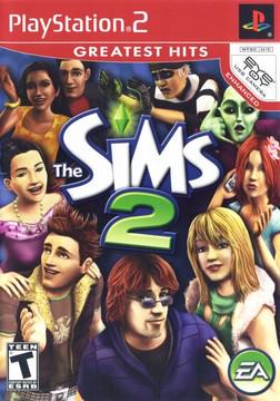 Cover of "The Sims" on PlayStation 2 by EA Games, showcasing six diverse and customizable animated characters interacting against a blue background. The title is prominently displayed with a green plumbob above it, while "Greatest Hits" adorns the top alongside the EA Games logo.