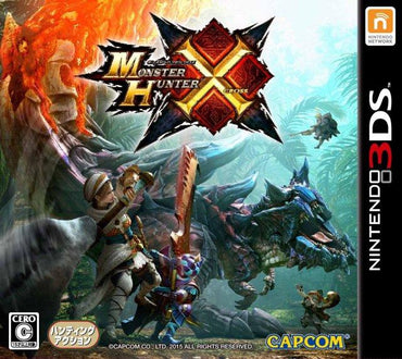 The cover art for Monster Hunter X on Nintendo 3DS features an armored hunter with a sword facing giant monsters in a lush forest. The Monster Hunter X logo is prominently at the top, accompanied by Nintendo and Capcom logos, with the age rating visible in the corner.