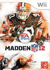 Madden 12 (Wii) by Everything Games: The cover shows a football player in a brown uniform holding a ball against a dynamic red and white splattered background. Features EA Sports and NFL logos, rated 