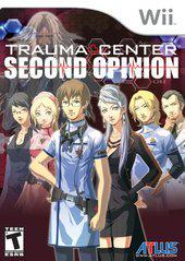 The cover of "Trauma Center Second Opinion" for the Wii intertwines medical drama with six animated characters dressed in medical attire. A prominent figure stands out in a white coat, set against a shadowy backdrop. The game's title, suggesting realistic surgical gameplay, appears above the Teen rating and the Atlus brand logo.