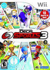 Cover art for "Deca Sports 3" from Everything Games on Wii, showcasing skiing, basketball, and snowboarding. The top right corner highlights "10 Sports in One!" with the logos of Wii and Hudson at the bottom, rated "E for Everyone.