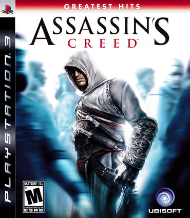 The "Assassin's Creed" PS3 Greatest Hits cover art shows a hooded character in white robes with a hidden blade, set against a Renaissance Italy crowd with a blue-toned background. Rated M by ESRB, the Ubisoft logo is displayed at the bottom-right corner.