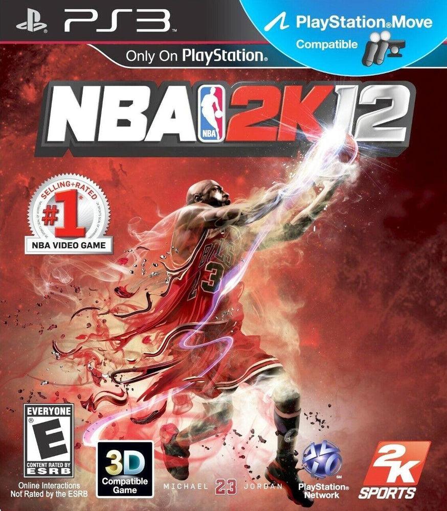 The "NBA 2K12" cover for PS3 features a player in a red #23 jersey, capturing NBA's greatest mode. Includes logos for PS3, PlayStation Move, and 2K Sports, with a badge marking it as the "#1 Selling-Rated NBA Video Game." Produced by Everything Games.