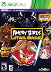 The Xbox 360 game "Angry Birds Star Wars" displays an intergalactic adventure with birds styled as Darth Vader, Chewbacca, Han Solo, and Princess Leia. It promotes "Better with Kinect" and "Exclusive New Levels," includes LucasArts and Rovio logos, and is rated E under Activision.