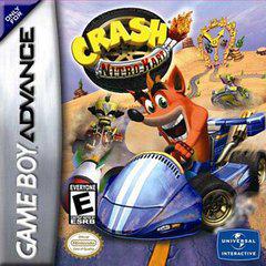 Cover of Crash Nitro Kart GameBoy Advance by Universal Interactive shows Crash Bandicoot in a blue kart amid lively racing scenery. The prominent logo is at the top, with characters and racing elements in the background, offering exciting multiplayer races. Rated 