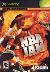 The cover of the Everything Games' Xbox title "NBA Jam" features a cartoon player dunking a flaming ball, boldly announcing the game's name against a fiery backdrop. It perfectly captures the exhilarating, arcade-style basketball action and is rated "E" for Everyone.