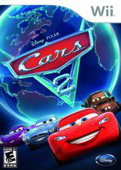 The Wii game "Cars 2" by Disney showcases animated cars with lively expressions, including a red car racing in the foreground against a glowing globe. The iconic logo is featured, and the game is rated "Everyone 10+.