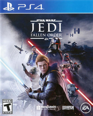 Cover art for "Star Wars Jedi: Fallen Order" (PS4) by EA Games shows Cal Kestis wielding a blue lightsaber, flanked by iconic Star Wars figures and ships, with a red lightsaber nearby. It includes logos for the ESRB Teen rating, Respawn, Lucasfilm, and EA at the bottom under the blue PS4 branding.