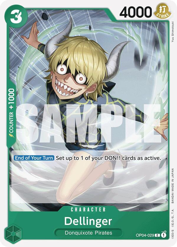 The Bandai Dellinger (Reprint) [Premium Booster -The Best-] trading card features Dellinger from the Donquixote Pirates with sharp teeth, horns, a mischievous grin in stripes, 