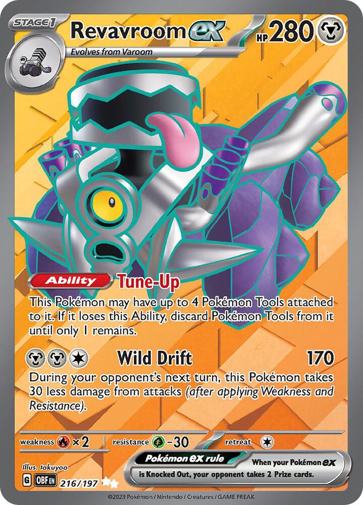 This Ultra Rare Revavroom ex (216/197) Pokémon card from the Scarlet & Violet: Obsidian Flames expansion boasts 280 HP, features a mechanical design with gears and colorful exhaust, and includes the abilities Tune-Up and Wild Drift, dealing 170 damage.