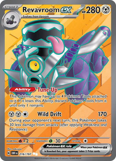 This Ultra Rare Revavroom ex (216/197) Pokémon card from the Scarlet & Violet: Obsidian Flames expansion boasts 280 HP, features a mechanical design with gears and colorful exhaust, and includes the abilities Tune-Up and Wild Drift, dealing 170 damage.