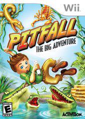 The cover art for Activision's "Pitfall: The Big Adventure" on the Nintendo Wii showcases a cartoon adventurer swinging above crocodiles, amidst snakes and dense jungle. Rated "E" for Everyone, it promises thrilling excitement for all ages.