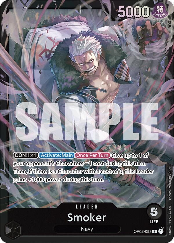 The Bandai trading card, "Smoker [Starter Deck: BLACK Smoker]," showcases a muscular Leader with short white hair, wearing a fur coat and dark pants amid smoke. It includes stats like activation cost and power level, with "SAMPLE" printed across the card.