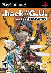 The cover art for Bandai Namco's .hack//GU Vol. 1 Rebirth highlights an exciting MMORPG adventure, featuring a central white-haired warrior alongside a blue-haired figure and an ethereal character, all adding to the intrigue. The game's Teen rating and PS2 logos complement its dynamic combat system theme.