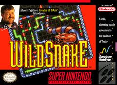 The "Wildsnake" puzzle game cover for the Super Nintendo Entertainment System displays a snake on a vibrant grid, highlighting creator Alexey Pajitnov with prominent Nintendo and Spectrum HoloByte logos and features a smiling man's portrait in the upper left corner.