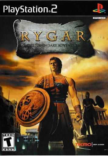 Cover of the PlayStation 2 game "Rygar: The Legendary Adventure" by Koei Tecmo. A muscular warrior in ancient armor wields a Diskarmor weapon, echoing ancient Greek mythology. The backdrop features a dramatic sky with ruins and columns. The PlayStation, Koei Tecmo, and ESRB "Teen" logos are visible.