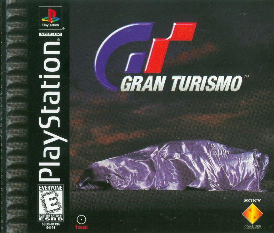 The PlayStation game "Gran Turismo" features a shiny car against a dark backdrop. With the PlayStation logos and E for Everyone rating on the left and Sony's name at the bottom, this game promises an authentic racing simulation experience.