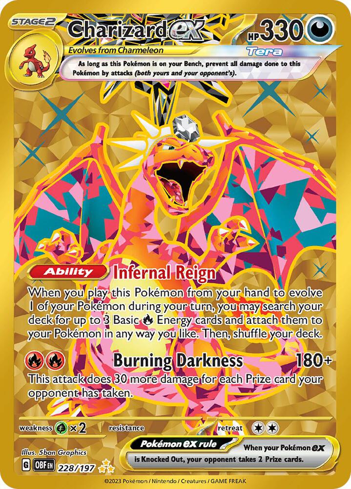 The image displays a Hyper Rare Charizard ex card from Pokémon, featuring the Infernal Reign ability, Burning Darkness attack, and 330 HP. It's card number 228/197 from the Scarlet & Violet: Obsidian Flames series.