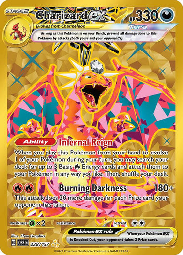 The image displays a Hyper Rare Charizard ex card from Pokémon, featuring the Infernal Reign ability, Burning Darkness attack, and 330 HP. It's card number 228/197 from the Scarlet & Violet: Obsidian Flames series.