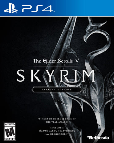 The cover art for Bethesda's "Elder Scrolls V: Skyrim" on PS4 features a dragon emblem on a dark background, highlighting an immersive world. It includes text, the ESRB Mature 17+ rating, the Bethesda logo, and DLC mentions—Dawnguard, Hearthfire, and Dragonborn.