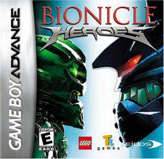 The "Bionicle Heroes" Game Boy Advance cover depicts a face-off between green and black robotic heads, resembling Toa Inika, with logos for LEGO, TT Games, Eidos, and the Game Boy Advance label on the side. It is rated E for Everyone.