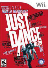 Cover of the music & rhythm video game "Just Dance" from Everything Games for the Wii console. The cover features a red background with large, white bold text stating "JUST DANCE," surrounded by silhouettes of dancers. Titles of some songs included in the game, such as "Who Let the Dogs Out" and "Hot N Cold," are also listed.