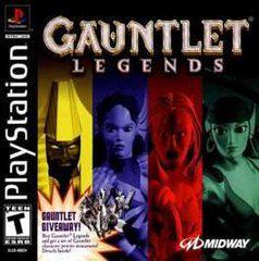 The Gauntlet Legends (PS1) cover art features a knight, sorceress, orc, and Amazon against vibrant stripes. It includes text on an epic quest giveaway and displays the PlayStation and Midway logos along with a 