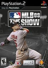 The "MLB 09 The Show" cover for PS2, by Everything Games, shows a baseball player in a red jersey swinging a bat against a stadium backdrop. ESRB E rating, PlayStation Network, and online capability logos are featured at the bottom.