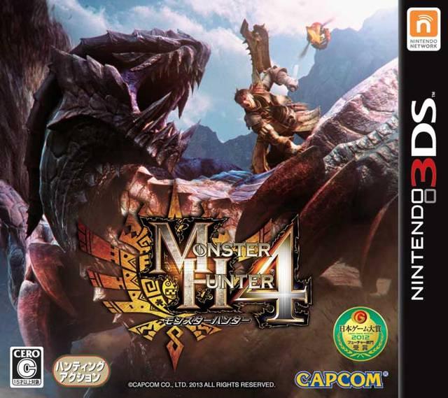 The cover art for "Monster Hunter 4 JP" on Nintendo 3DS by Capcom features a hunter in armor battling a fearsome dragon-like creature in a rocky landscape. The thrilling multiplayer action game's title logo is centered, with ratings and Capcom's logo along the bottom.