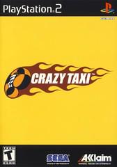 The image features the cover of the "Crazy Taxi" game for PlayStation 2. It has a vibrant yellow background with the iconic "Crazy Taxi" logo set within a stylized red flame. Highlighting its exhilarating gameplay, the cover displays logos for "Sega" and "Acclaim" at the bottom.