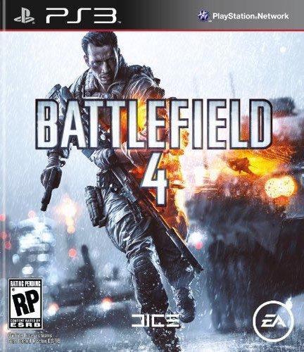 The cover of "Battlefield 4" for PS3 by Electronic Arts features a soldier running amidst explosions. The bold white title stands out with the EA logo in the lower right and an ESRB "RP" rating in the lower left. Powered by Frostbite 3.