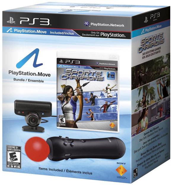 The image showcases the Sony PlayStation Move Starter Bundle for PlayStation 3, featuring the Sports Champions cover. It includes a motion controller and PlayStation Eye camera, powered by motion-sensing tech, highlighting 