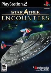 Cover image for "Star Trek Encounters" on PlayStation 2 features a Starfleet starship upfront, another vessel, and a green planet in the backdrop. The game's title is prominently displayed at the top. Rated "E" for everyone and published by Bethesda.