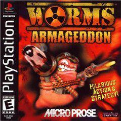 The cover art for Team 17's PlayStation game "Worms Armageddon" features a cartoon worm holding two weapons against an explosive backdrop. The bold orange title crowns this strategy classic, while the right side announces "Hilarious Action & Multiplayer Mayhem," with the logo and ratings on the left.